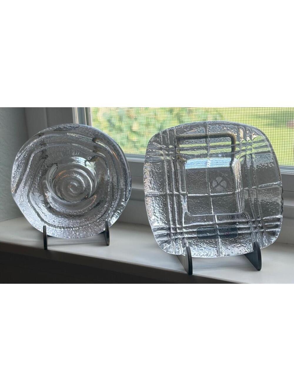 Pair Of Simon Pearce Tea Light Hand Blown Holders swirl circle and plaid square